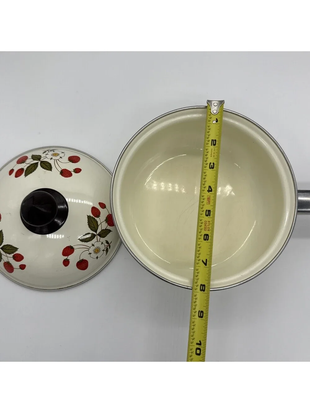 Vintage Enamelware Strawberry Pattern Saucepan Pot with Lid 7.75 Inch Cottage